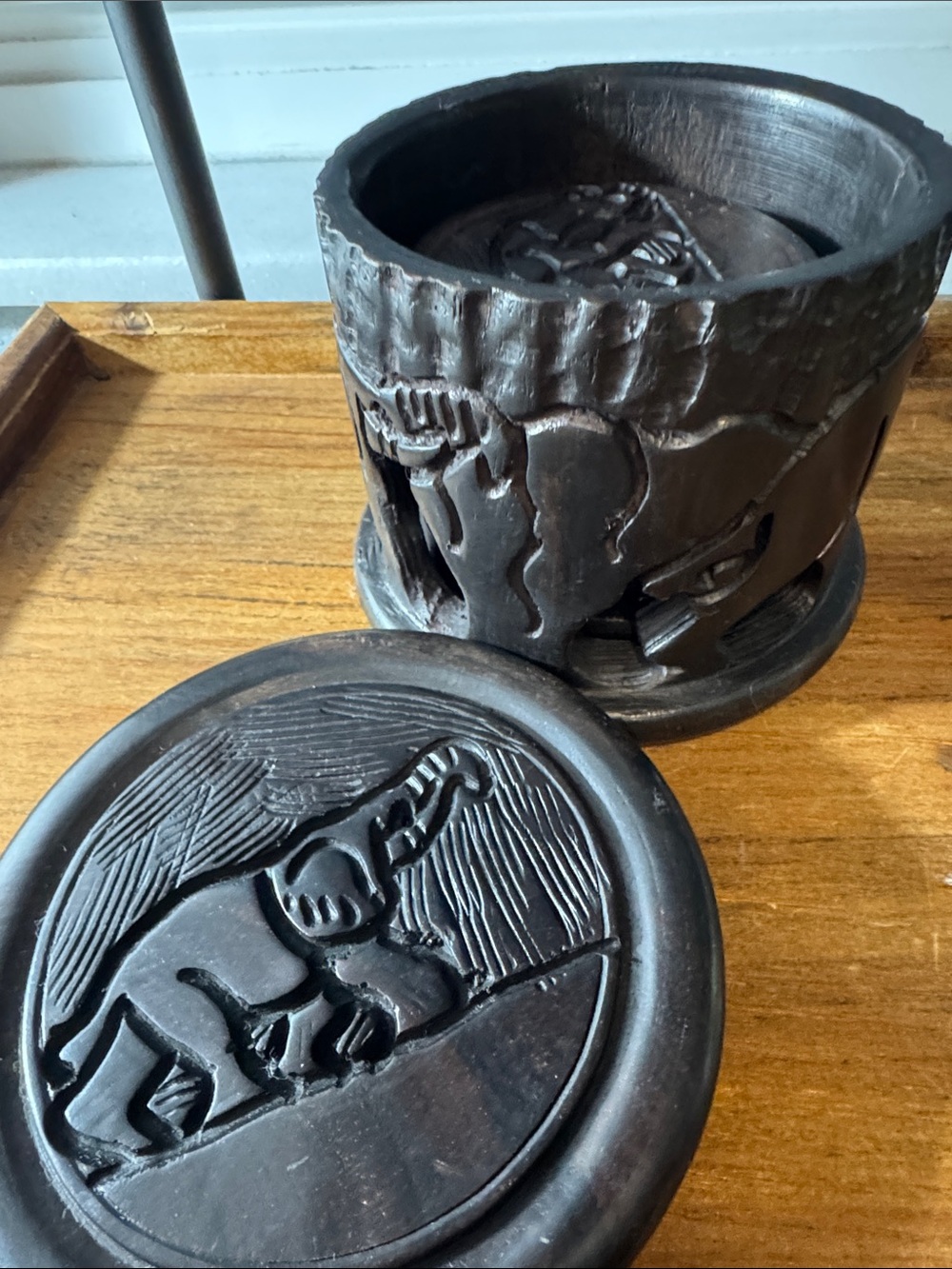 Carved Ebony Wooden Coasters with Intricate Safari Motifs